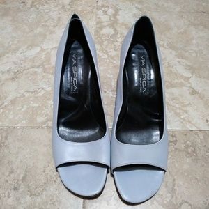 Via Spiga light blue leather open toe kitten heels